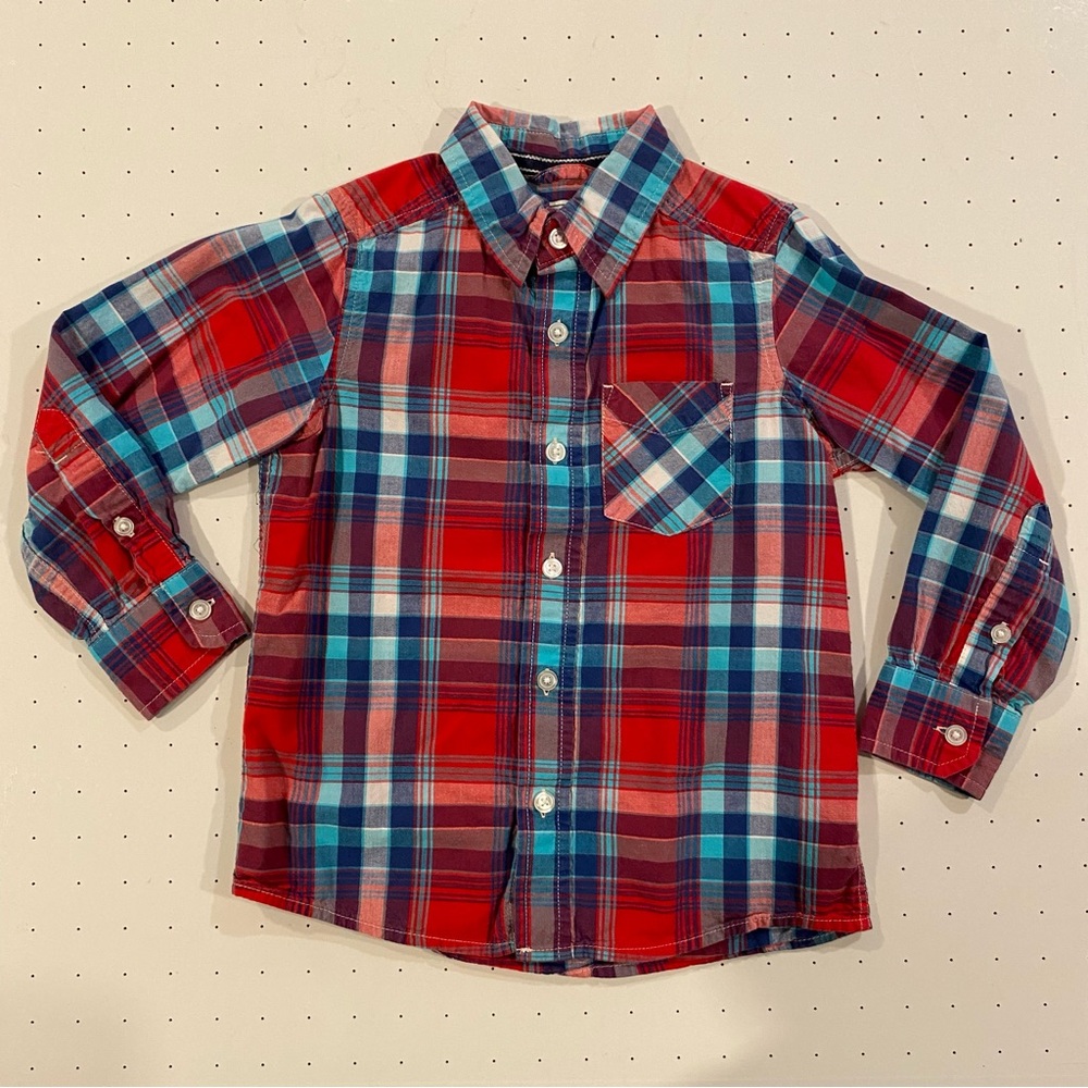 Children’s Place Boys Size 4 (XS) Long Sleeve Button Down Shirt, Red Blue White